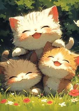 Three Smiling Cats in a Meadow