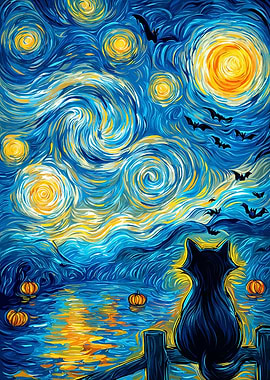 Starry Halloween Night with Black Cat