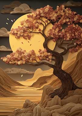 Paper Art Landscape with Tree and Moon