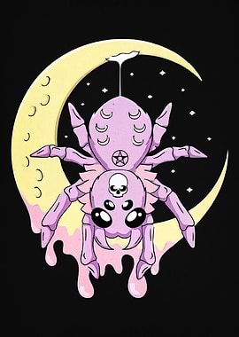 Cute Pastel Spider Hanging from Moon