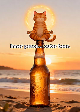Zen Cat on Beer Bottle Beach Sunset