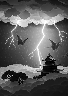 Monochrome Japanese Landscape with Origami Cranes