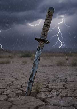 Katana in Stormy Cracked Earth