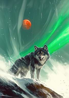 Wolf under Aurora Borealis and Red Moon