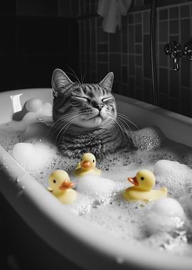 Cat in Bathtub with Rubber Ducks Funny Bathroom Poster