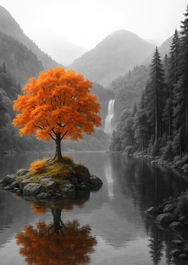 Orange Tree Island in Misty Lake