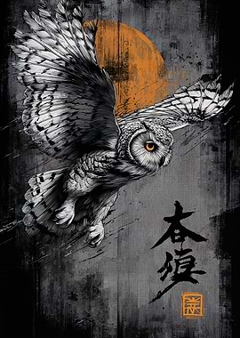 Owl in Flight with Japanese Text