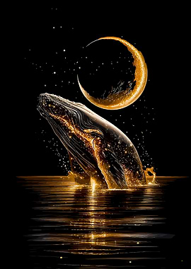Golden Whale Leaping Under Crescent Moon