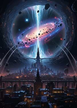 Futuristic Cityscape with Cosmic Portal