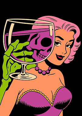 Pop Art Woman with Skull Wine