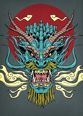 Dragon Head Illustration with Red Sun