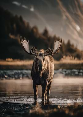Moose in Water at Sunrise