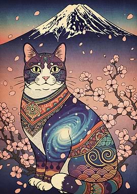 Ukiyo-e Cat Mount Fuji