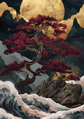 Kintsugi Art Print of Japanese Tree with Moon and Waves