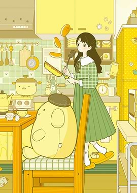 Pompompurin and Girl Cooking Pancakes