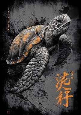 Sea Turtle with Japanese Calligraphy Art