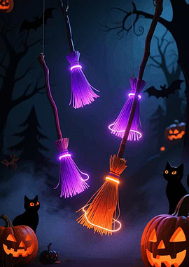 Halloween Night with Glowing Brooms
