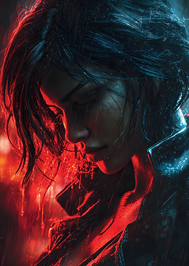 Woman in Rain, Red and Blue