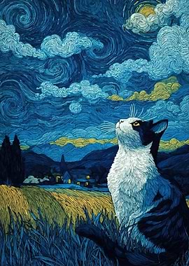 Cat gazing at starry night