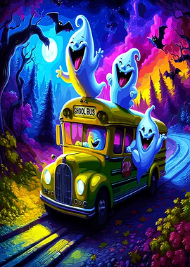 Halloween School Bus with Ghosts
