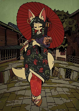 Fox Girl in Kimono with Umbrella