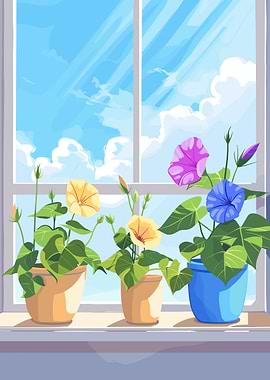 Flowers in pots by the window