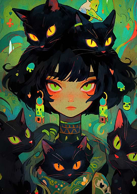 Girl with Black Cats Digital Art