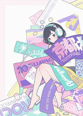 Anime Girl Surrounded by Festival Towels
