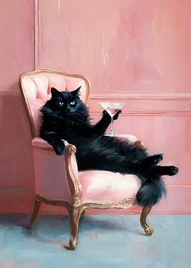 Black cat with martini in pink chair