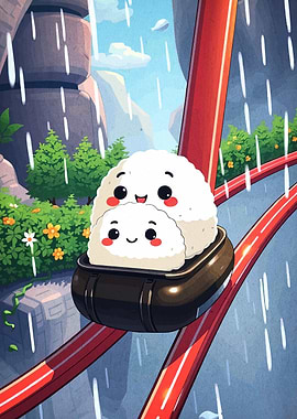 Cute Onigiri Family on Rainy Rollercoaster