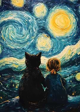 Girl and Cat Under Starry Night