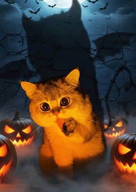 Halloween Cat with Jack-o'-Lanterns