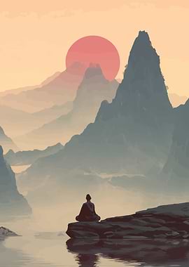 Meditating Figure in Mountain Landscape