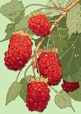Raspberries on the Branch Illustration