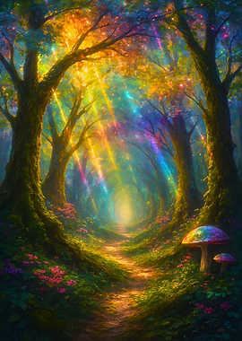 Enchanted Forest Path with Rainbow Light