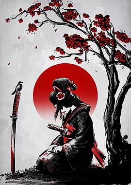 Samurai Geisha with Katana and Bird