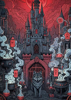 Wolf front of a castle