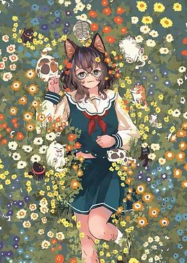 Anime Girl with Cats in Flowers