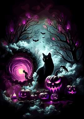 Halloween Night with Black Cats and Pumpkins
