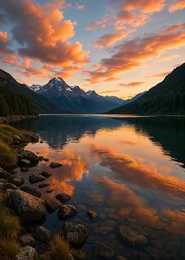 Lake and Mountain Sunset Reflection