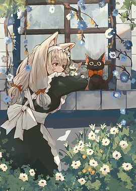 Anime Maid with Cats by Window