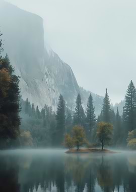 Misty Lake Landscape with Mountain Backdrop