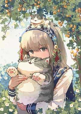 Girl with Cats in Floral Garden