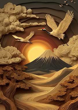 Japanese Landscape with Cranes and Mountain