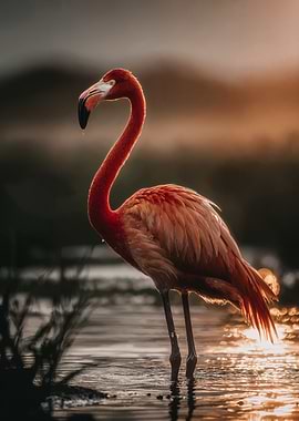 Flamingo in Water at Sunset