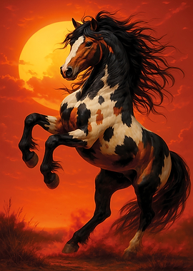 Majestic Horse Rearing Under a Fiery Sky