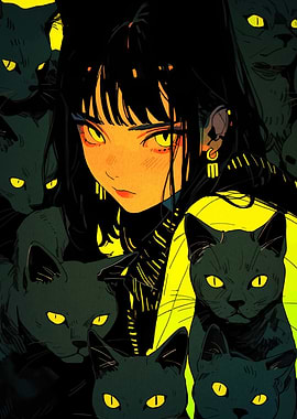 Anime Girl with Cats Digital Art