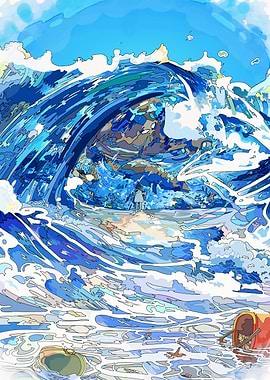 Blue Ocean Wave with Figure