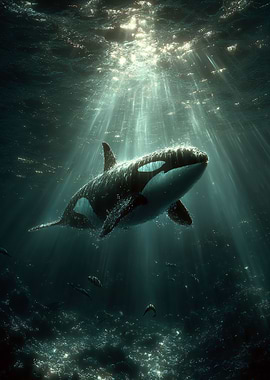 Orca whale swimming underwater with sunbeams