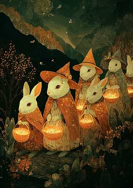 Whimsical Rabbit Witches in Forest